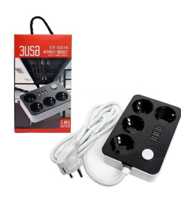 დამაგრძელებელი 3 USB + 4 ელექტრო პორტით